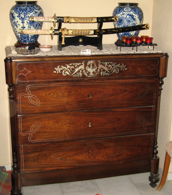 Houten ladekast met zilveren inlegwerk, Ladekasten, Anders, Bruin, Klassiek (foto 5 van 6)