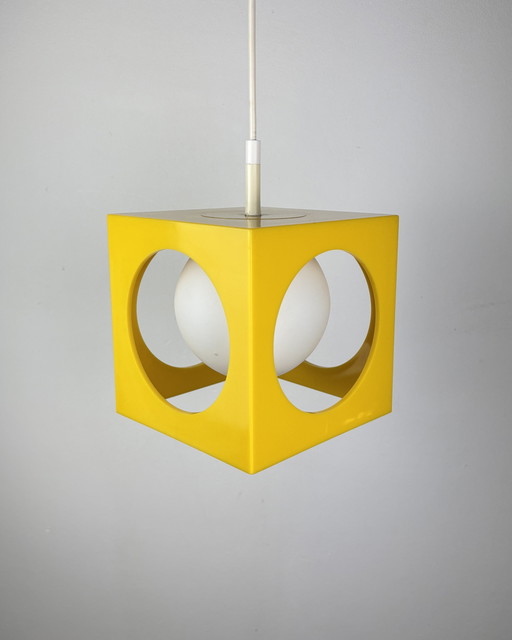 Space Age Ceiling Lamp, Richard Essig, Yellow Minimalistic Cube Design, 1970s, Retro-Futuristic Lamp, Germany, Sputnik Design