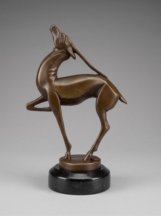 Image 1 of Escultura de antílope Art Déco en bronce patinado, inspirada en Marcel Bouraine, con base de mármol negro – 22 cm