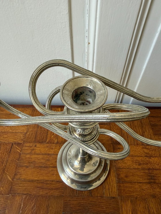 Image 1 of Lámpara de araña de metal plateado, fabricada en Inglaterra, 4 brazos, 5 orificios