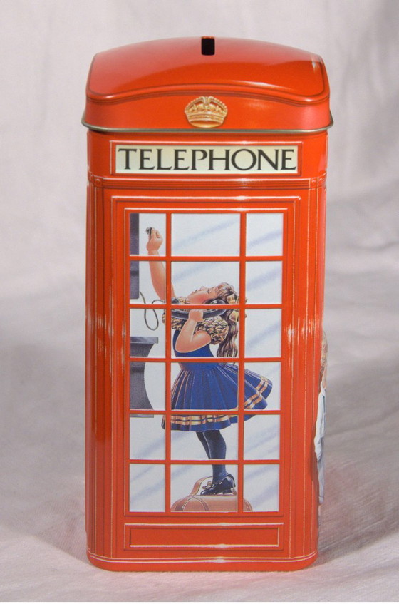 Metal money box in the shape of an English telephone box, formerly a Churchill's Jelly Beans candy tin, (photo 4 of 6)