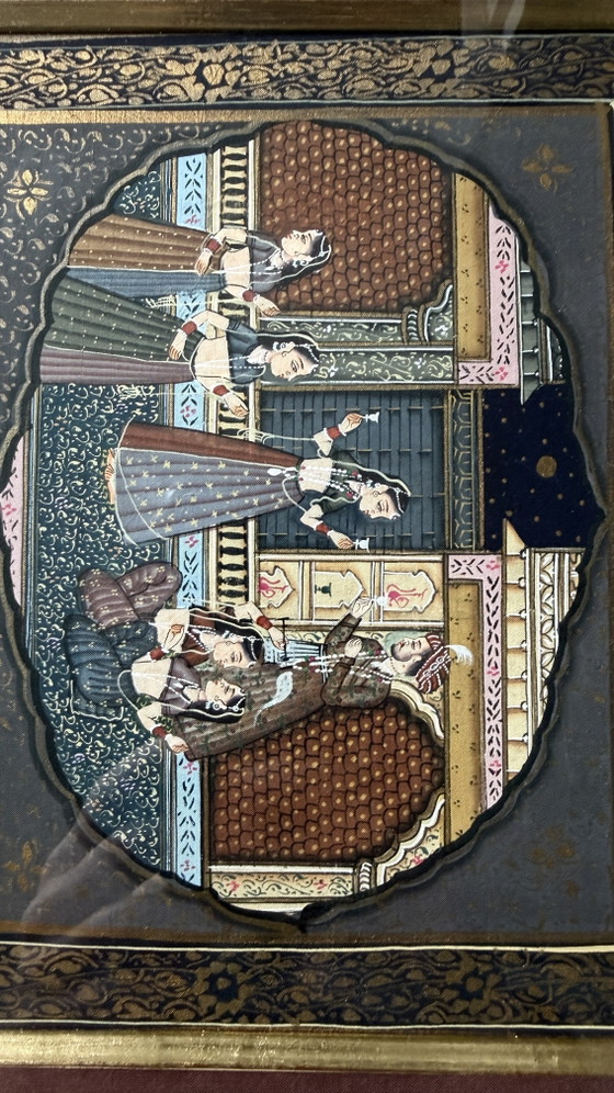 Set of 3 Vintage Indian Miniature Paintings on Fabric – Rajasthani Style – Paintings & Drawings, Glass (photo 3 of 11)