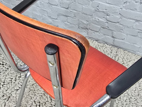 Image 1 of Set of 4 Vintage Design Chromed Frame Kitchen Chairs with Red Leatherette Upholstery. The Netherlands, 1960s