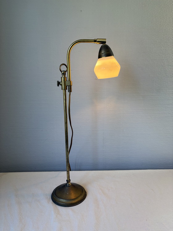 Image 1 of Vintage Art Deco brass with white milk glass shade, adjustable in height