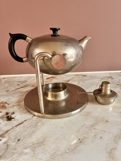 Tumble-Teekanne aus Edelstahl aus den 1950er Jahren mit Dochtbrenner.