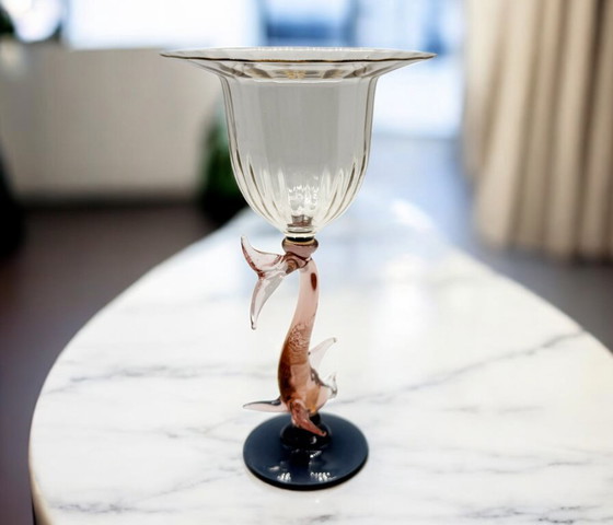 Image 1 of Murano - Artistic chalice - Blown glass with pink dolphin stem and blue base, signed