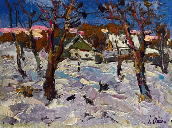 Image 1 of Original Oil Painting Winter Village Landscape Crows in the trees