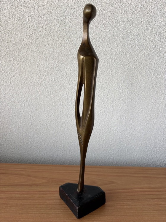 Image 1 of Modern slender bronze sculpture on wooden base - 33 cm