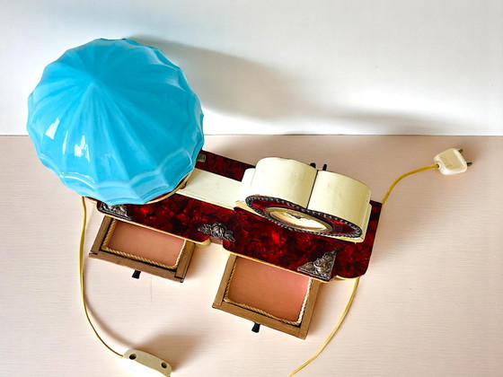 Image 1 of German Art Deco wood mother of pearl silver clock blue opaline glass lamp set with drawers, 1930s