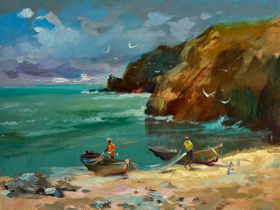 Image 1 of Original Oil Painting Sea Rock Landscape Great Day to Go Fishing