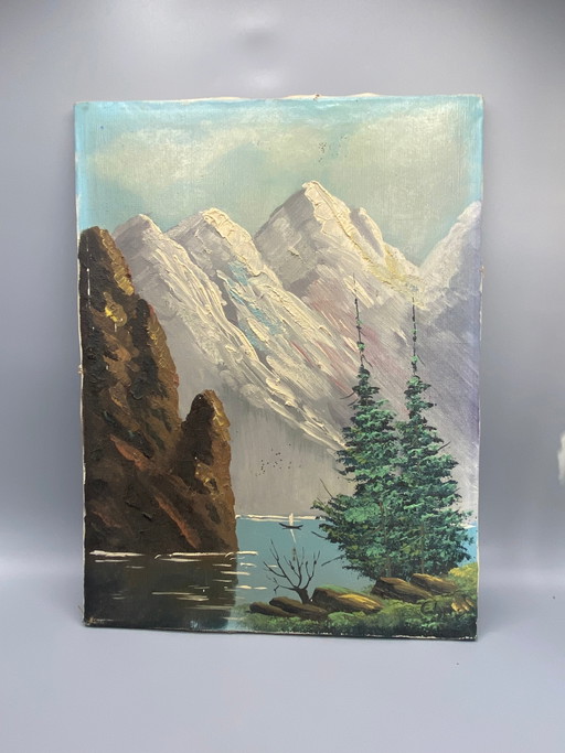 Mountain and Lake Landscape, Oil on Canvas, 20th Century, 40 x 30 cm – decoratieve objecten, Wood