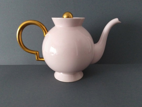Image 1 of Tetera con tapa 'Barbara' de Gio Ponti, estilo art déco/bauhaus, en rosa y dorado, década de 1930.