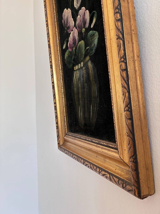 Image 1 of Vintage original velvet flower oil painting, pink flower still life art