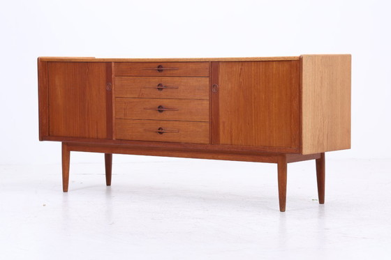 Image 1 of Vintage teak sideboard 60s | Mid - Century sideboard with drawers & slatted doors retro wood storage #08-22