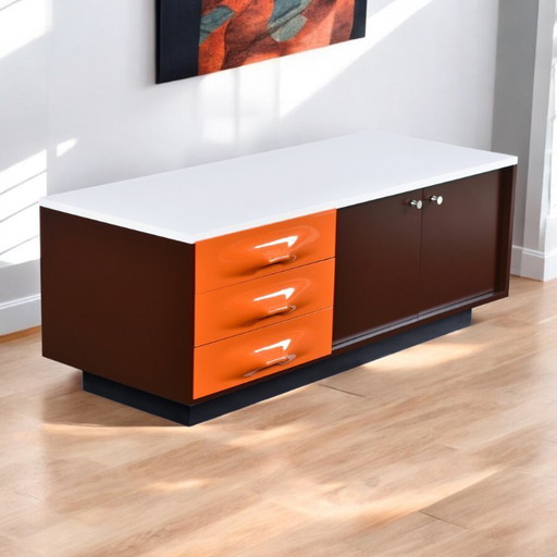Restaurierte Raymond Loewy DF-2000 TV-Ständer-Credenza in Braun, Orange und Weiß