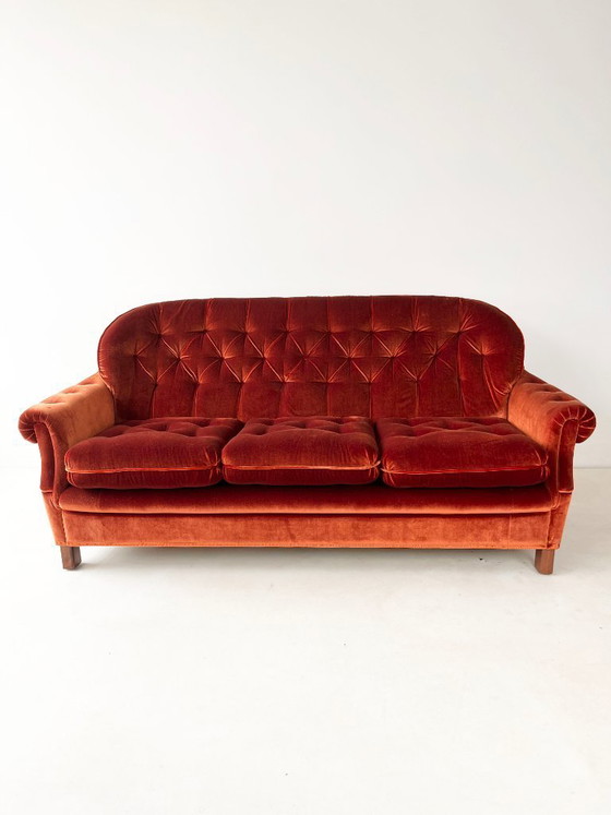 Image 1 of Rust-Orange Velvet Sofa