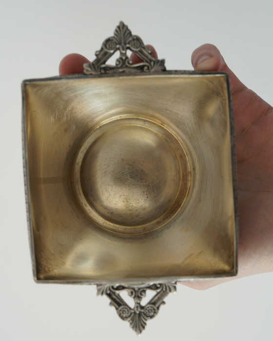 Image 1 of Vide-Poche / Cendrier Carré Vintage en Métal Argenté – Poinçons “8” et “KM” Style Art Déco 1930