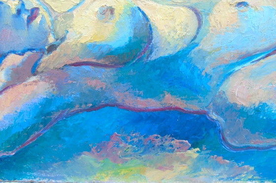 Image 1 of Origineel vintage olieverfschilderij "Nu Couché" Expressionistische liggende naaktfiguur op paneel
