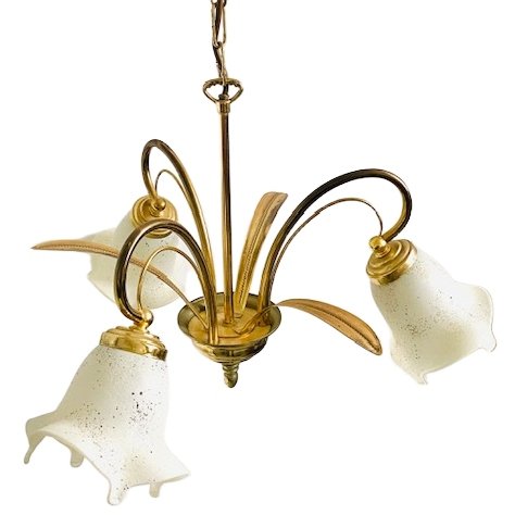 Image 1 of Mid-century three-armed chandelier palm leaves Hollywood Regency 1970s