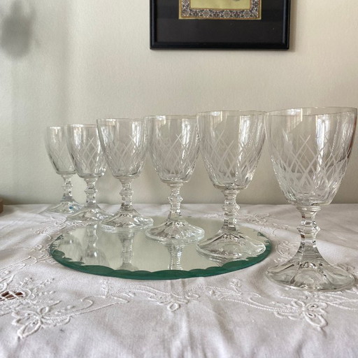 6 Antique Engraved Glasses, Wine or Water Glasses