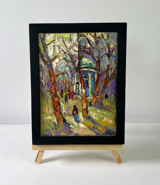 Pintura al óleo original: Paisaje de árboles de verano. Un paseo por el parque.