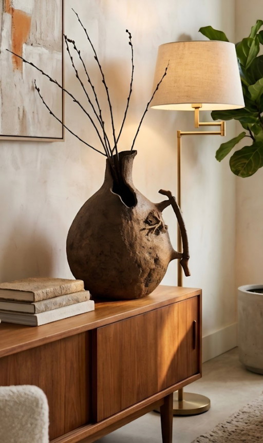 Large Wabi Sabi Paper Mache Vase with Wooden Handle | 43cm Handmade Sculptural Vessel | Rustic Organic Modern Home Decor