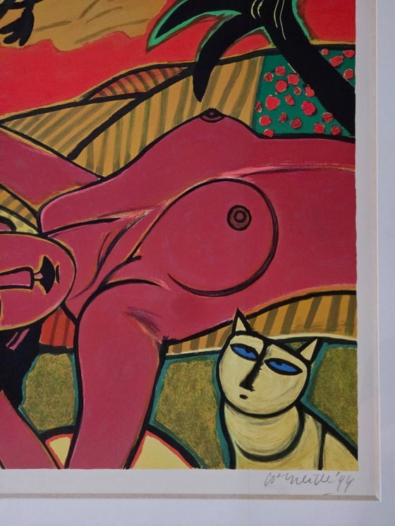Image 1 of Corneille - Pink woman with bird and cat - Signed - 1994