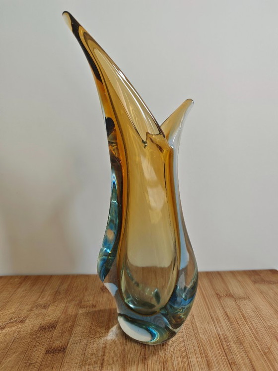 Image 1 of Vintage mouth-blown glass sculptural vase — amber/topaz to smoky blue — Murano style