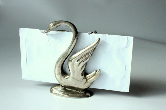 Image 1 of Servettenhouder - Servettenstandaard - Briefhouder - Verzilverd metaal - Zwaan - Vintage