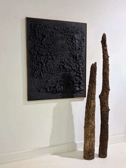 Groot gestructureerd kunstwerk in brutalistische stijl – schilderijen tekeningen, Wood, Canvas, Vintage