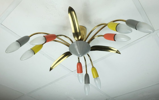 Image 1 of schöne 1950er Mitte Jahrhundert Sputnik Spinne 9-Licht Deckenleuchte Kronleuchter Messing Metall Mitte Jahrhundert stilnovo