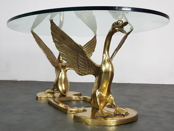 Image 1 of Hollywood Regency brass coffee table swan