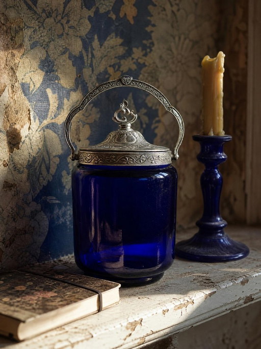 Tarro antiguo para galletas o dulces, de cristal azul cobalto y metal plateado, principios del siglo XX.