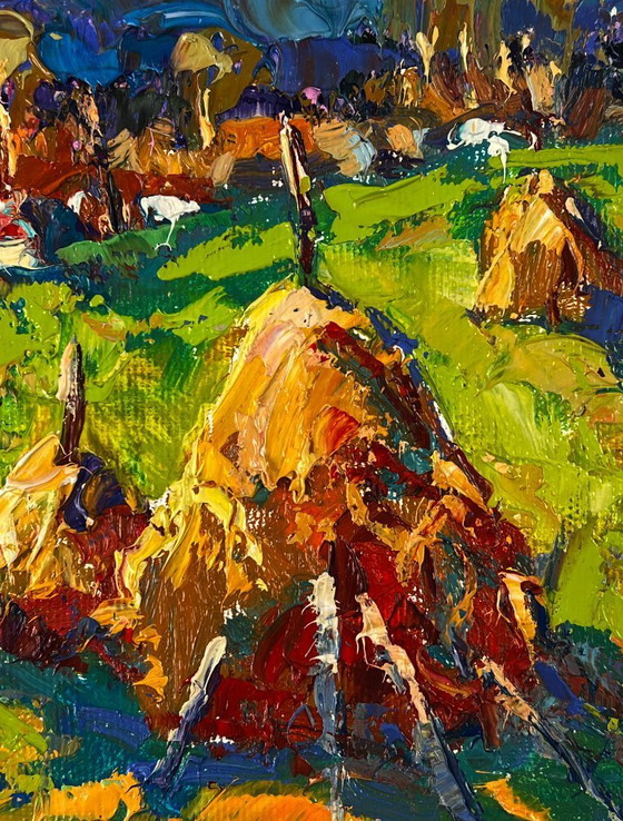 Image 1 of Dipinto ad olio originale Paesaggio rurale Natura Covoni di fieno fuori dal villaggio