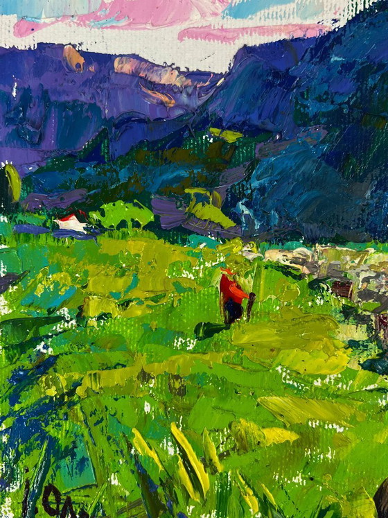 Image 1 of Peinture à l'huile originale représentant un paysage naturel de prairies au pied des montagnes