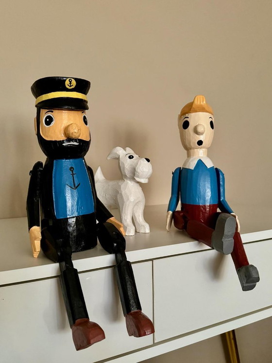 Set van 3 handgemaakte houten Kuifje figuren – Kuifje, Bobbie en Kapitein – 40 cm – Decoratieve objecten, Wood (photo 2 of 5)