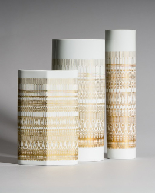 Gilded Geometry: Trio of Rosenthal Studio-Line Porcelain Vases by Theo Baumann & Tapio Wirkkala, Germany, Late 1960s