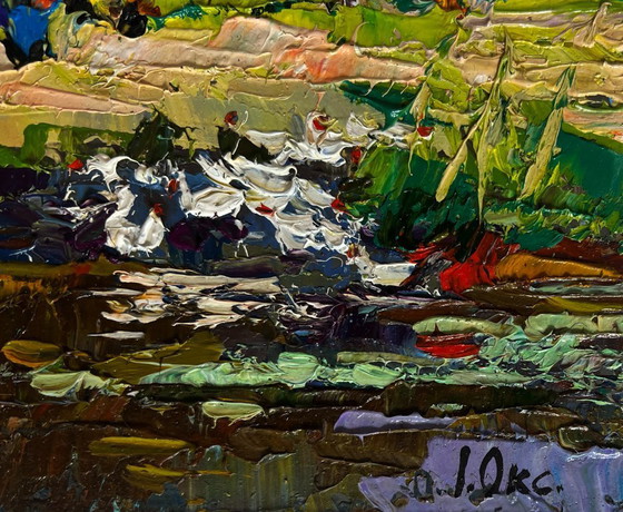 Image 1 of Original Oil Painting Summer Coastal Landscape Ducks are swimming along the river