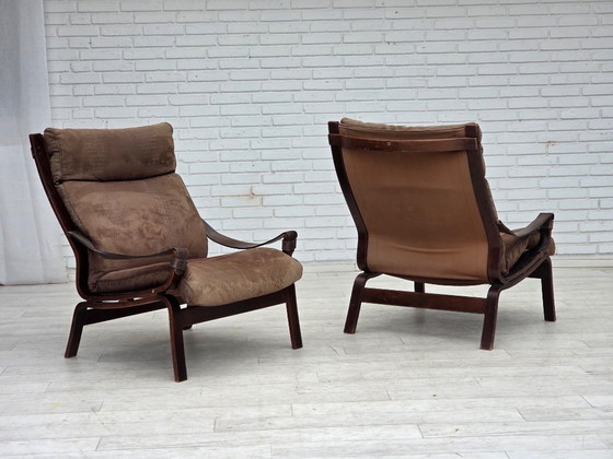 Image 1 of 1970s, Scandinavian lounge chair, nubuck leather, canvas, beech wood.