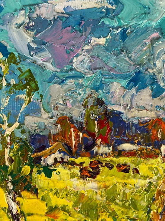Image 1 of Pintura al óleo original: Paisaje natural de un prado. Ha llegado el principio del otoño.