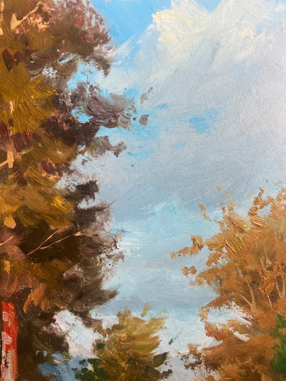 Image 1 of Peinture à l'huile originale Paysage de champ d'été Admirez la forêt d'été