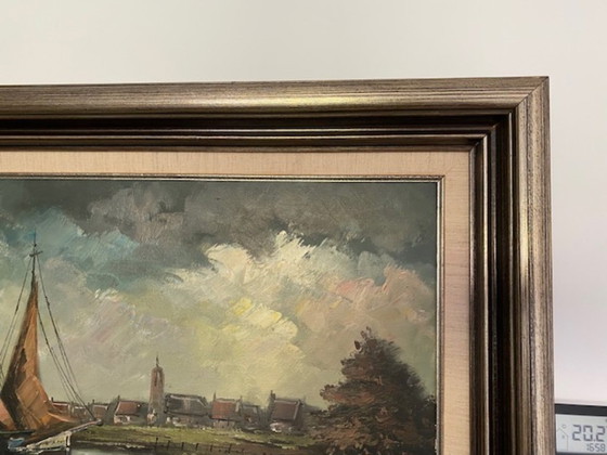 Image 1 of Oil painting of sailboats near a Zeeland village