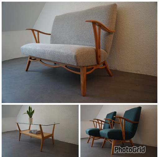 Vintage/Mid - Century set, newly upholstered: sofa, 2 armchairs and table