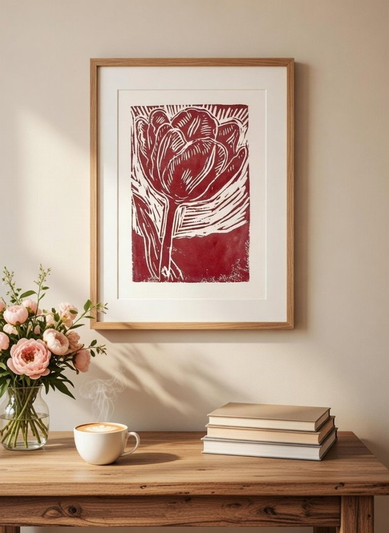 Image 1 of Estampe linogravure bicolore de tulipe | Art botanique de jardin hollandais (A4)