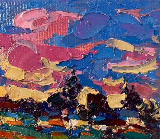 Image 1 of Original Oil Painting Evening Summer Landscape Clouds are floating
