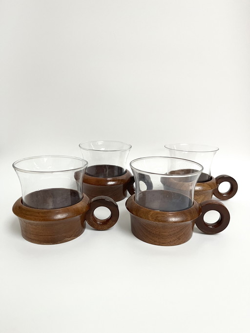 4 Vintage Schott Mainz Jeanner Tassen – Glas & Teakholz – 1960er/70er Jahre