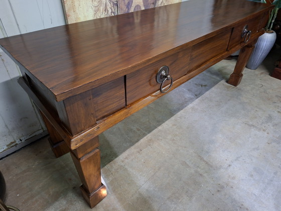 Image 1 of Large, robust teak castle side table, console table, and console, 194x58cm and 78cm high.