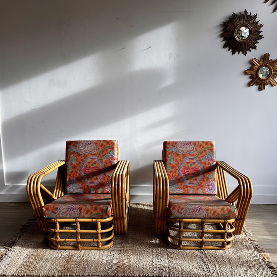 Image 1 of Ensemble de fauteuils en rotin et bambou, style Paul Frankl