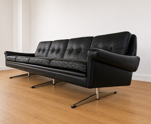 VINTAGE DANISH SVEND SKIPPER 4 PERSON SOFA IN BLACK LEATHER and CHROME – 3 5 zitsbanken