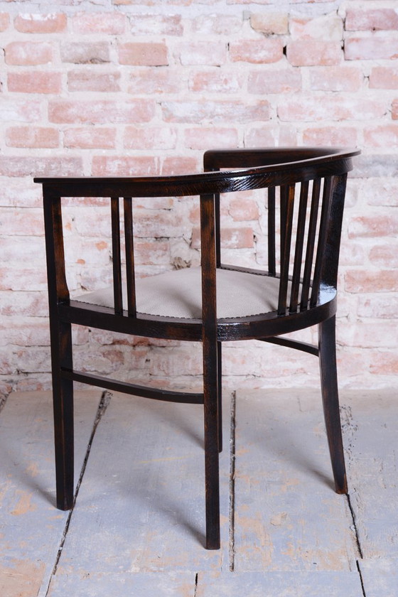 Restored Art Deco Armchair, Oak, Repolished, Reupholstred, Czech, 1920s – Textile, Wood (photo 14 of 15)